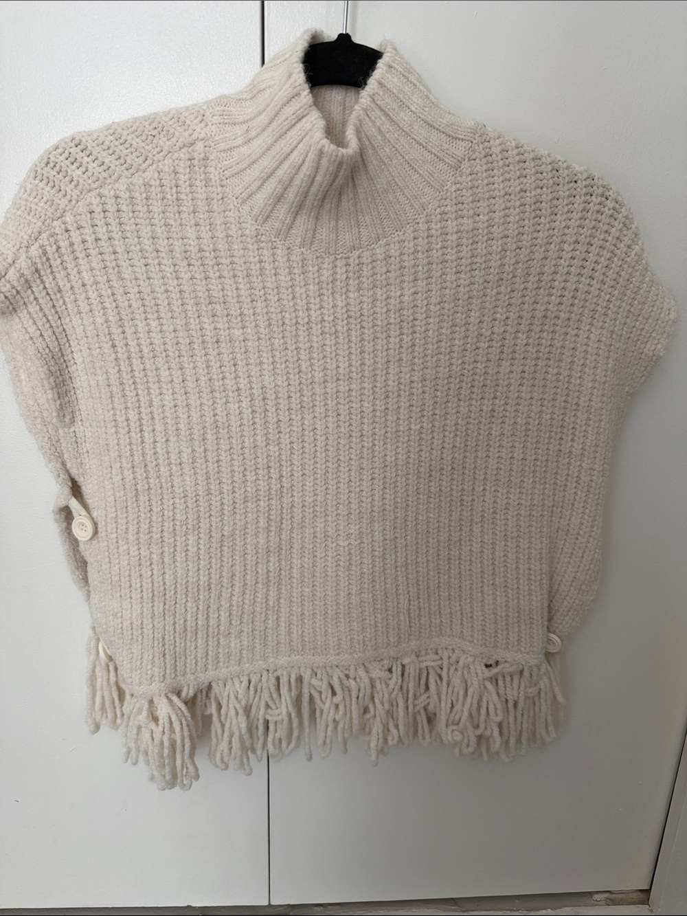 Anthropologie Cream Fringe Turtleneck Pullover